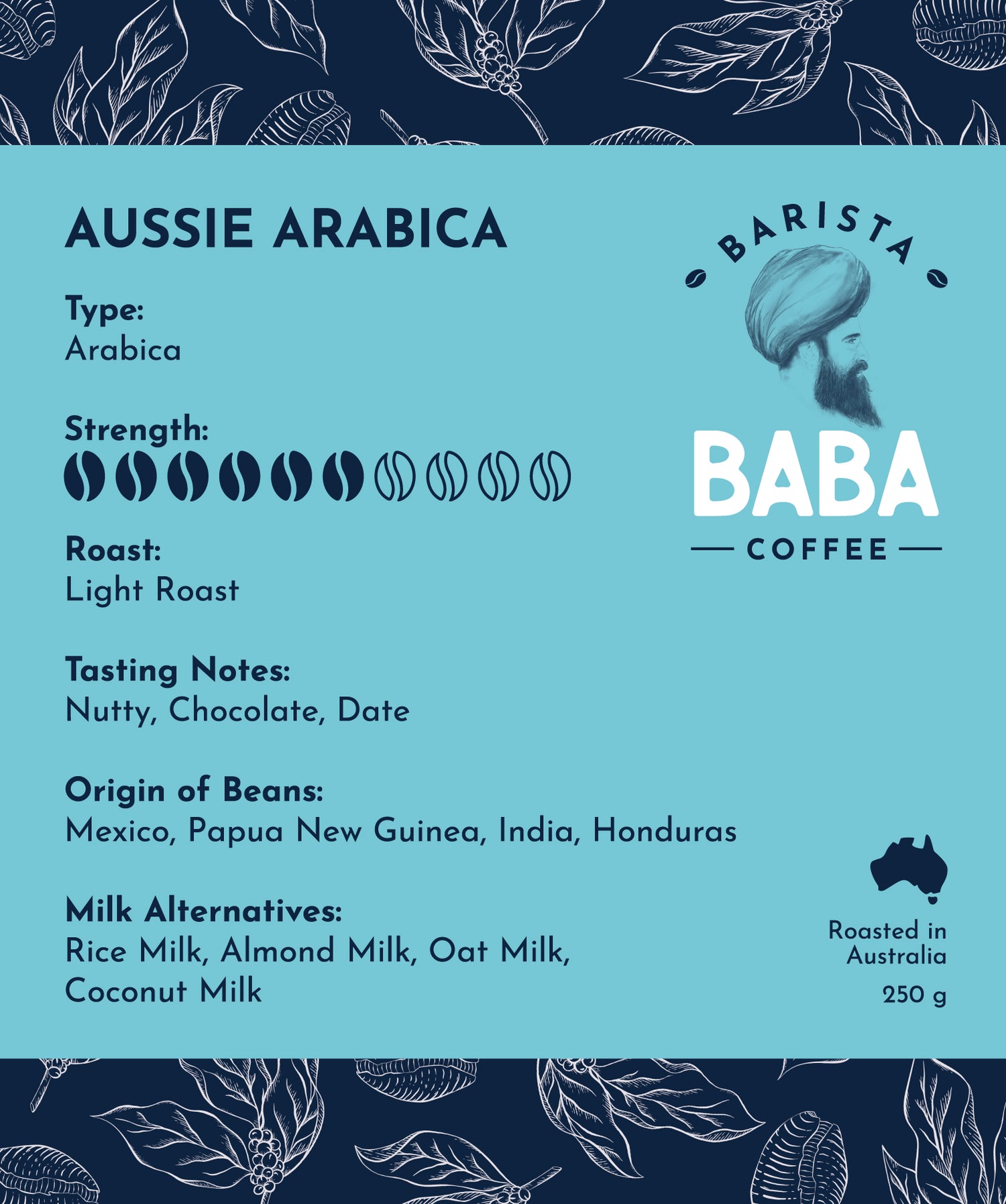 Label of a 250g bag of Aussie Arabica coffee beans by Barista Baba Coffee