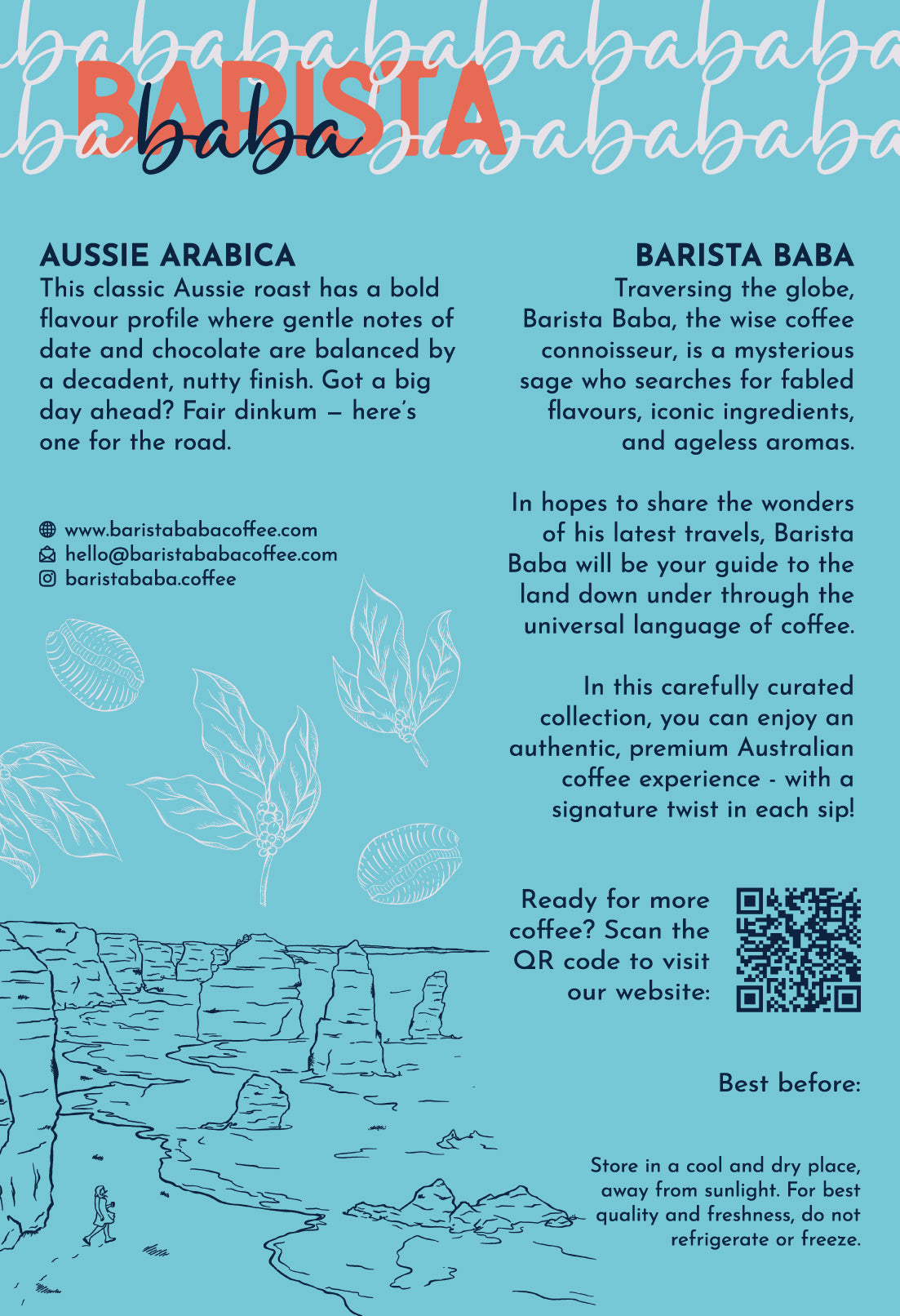 Back label of a bag of Aussie Arabica coffee beans by Barista Baba Coffee