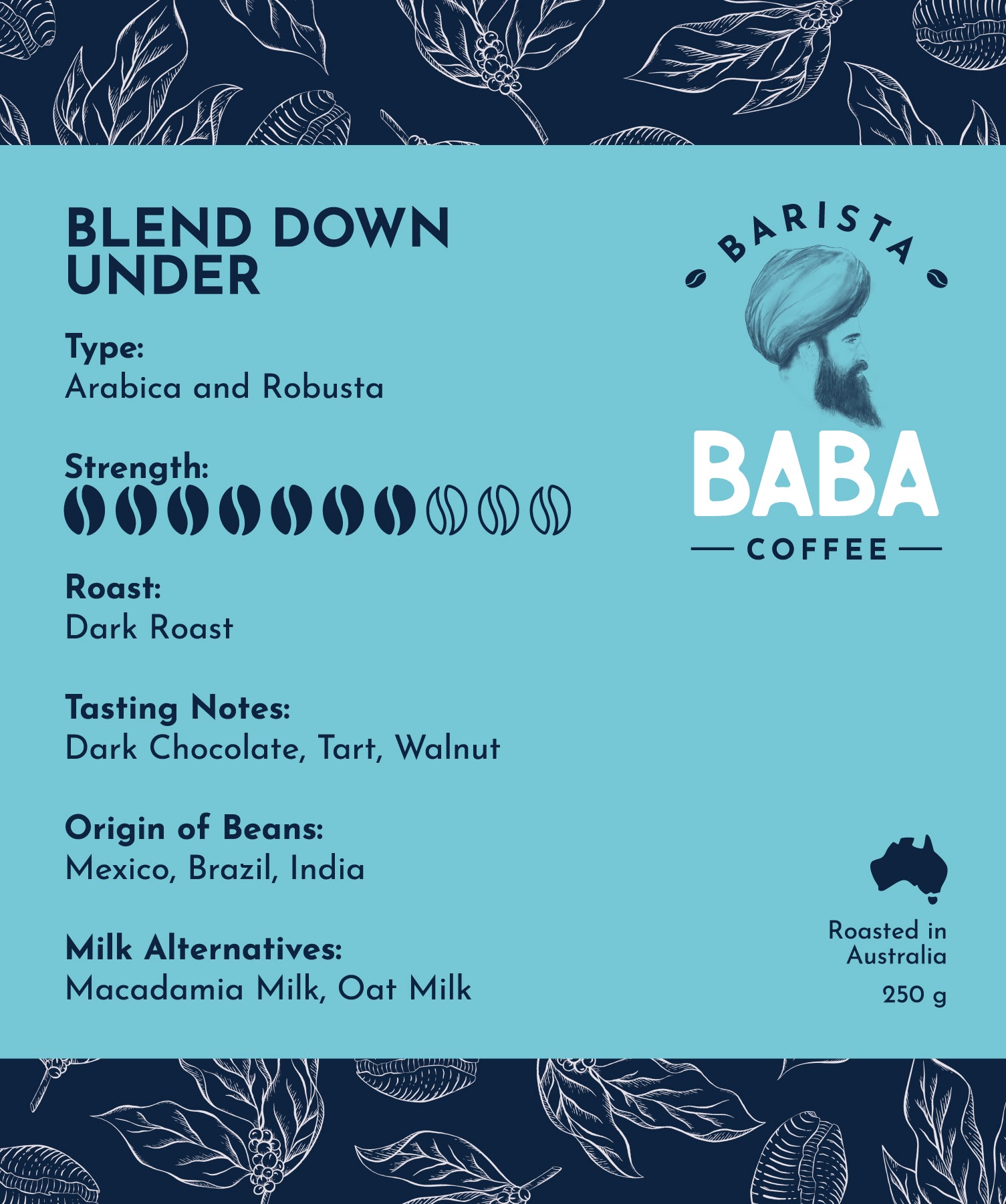 Label of a 250g bag of Blend Down Under coffee beans by Barista Baba Coffee