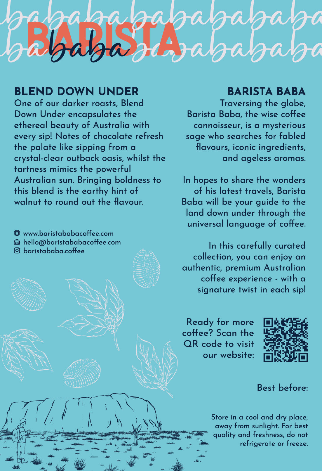 Back label of a bag of Blend Down Under coffee beans by Barista Baba Coffee