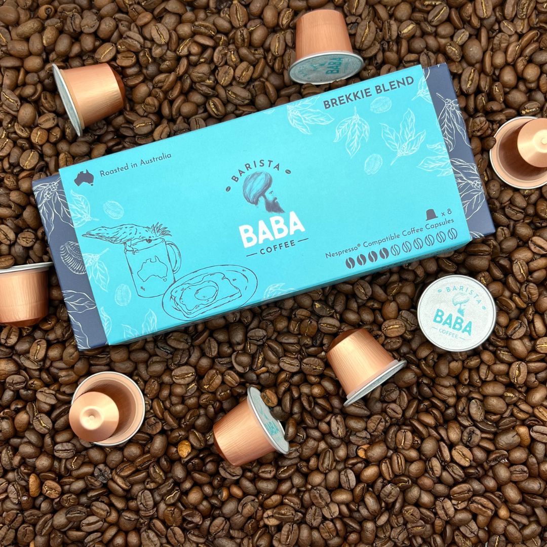 Packaging and capsules of the Brekkie Blend Nespresso Compatible Coffee Capsules by Barista Baba Coffee