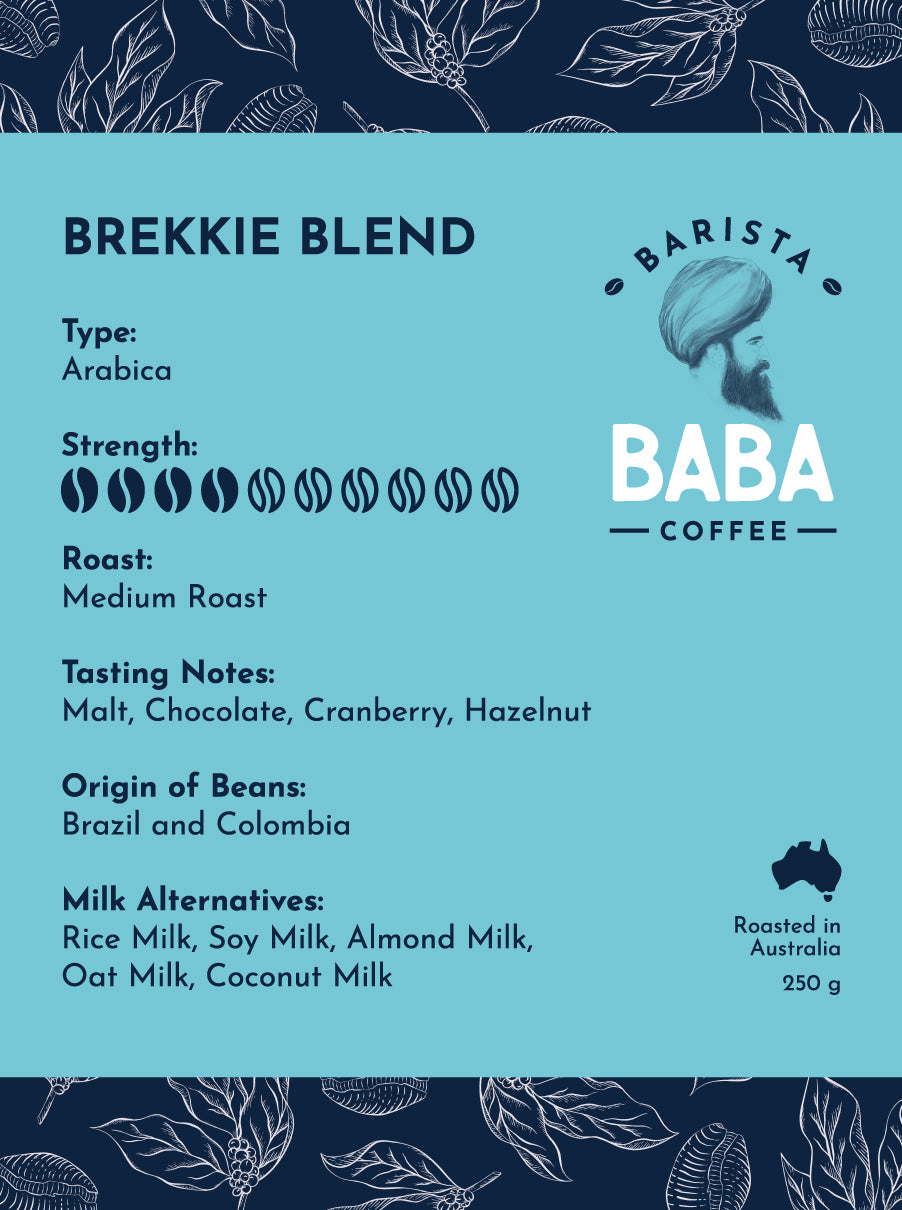 Label of a 250g bag of Brekkie Blend coffee beans by Barista Baba Coffee