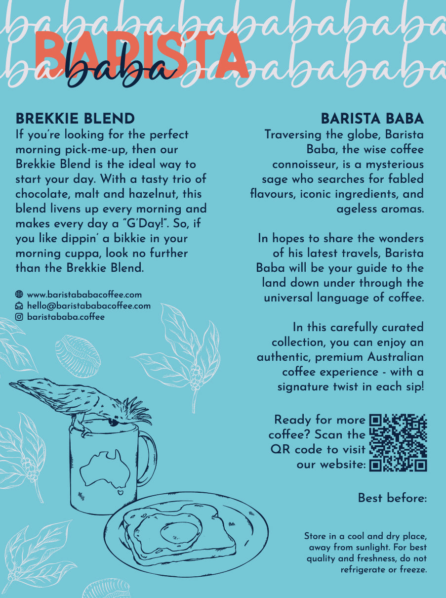 Back label of a bag of Brekkie Blend coffee beans by Barista Baba Coffee
