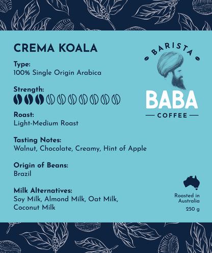 Label of a 250g bag of Crema Koala coffee beans by Barista Baba Coffee