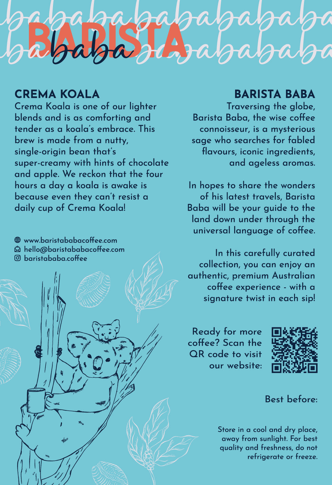 Back label of a bag of Crema Koala coffee beans by Barista Baba Coffee