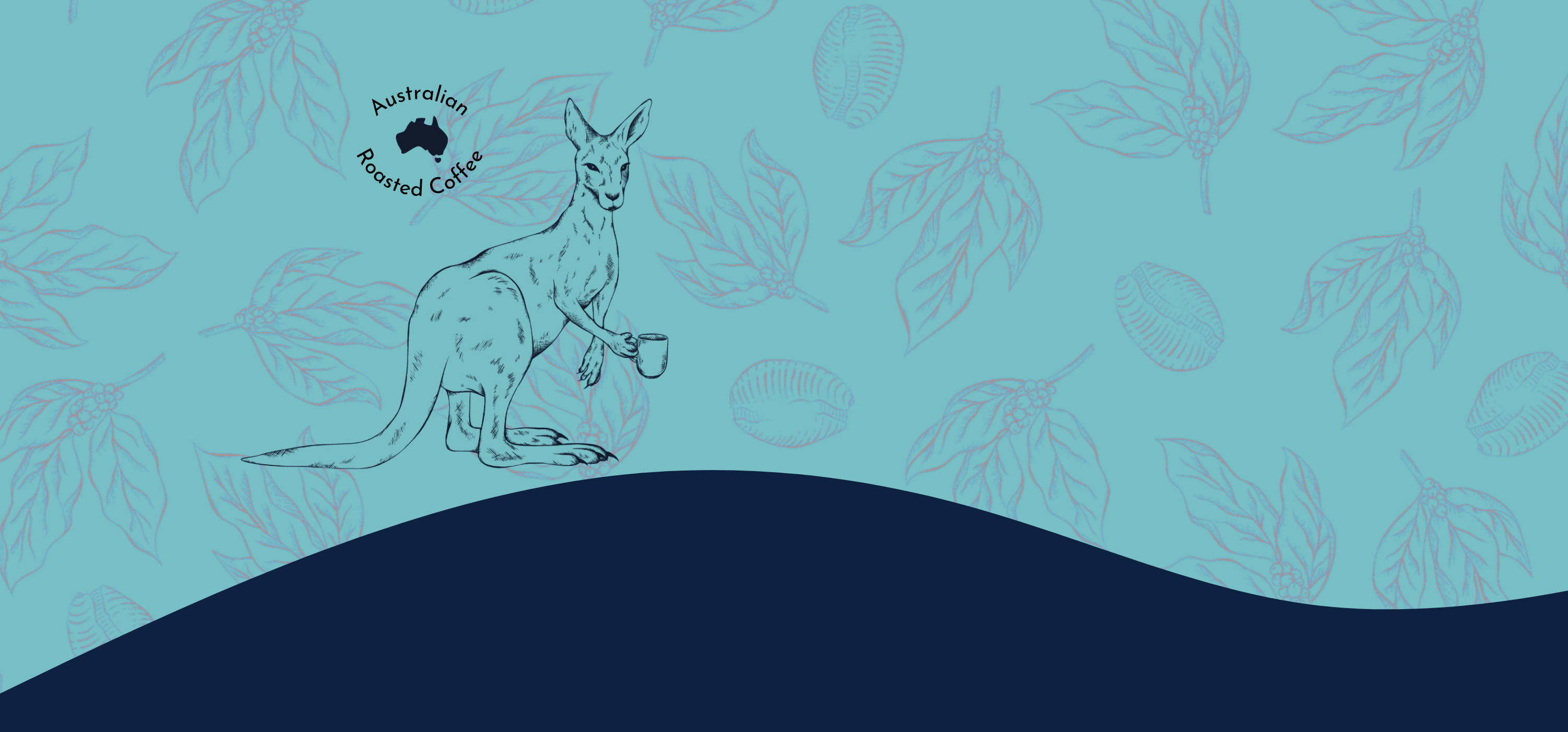 Illustrated kangaroo holding a cup of coffee over a background of coffee leaves and coffee beans