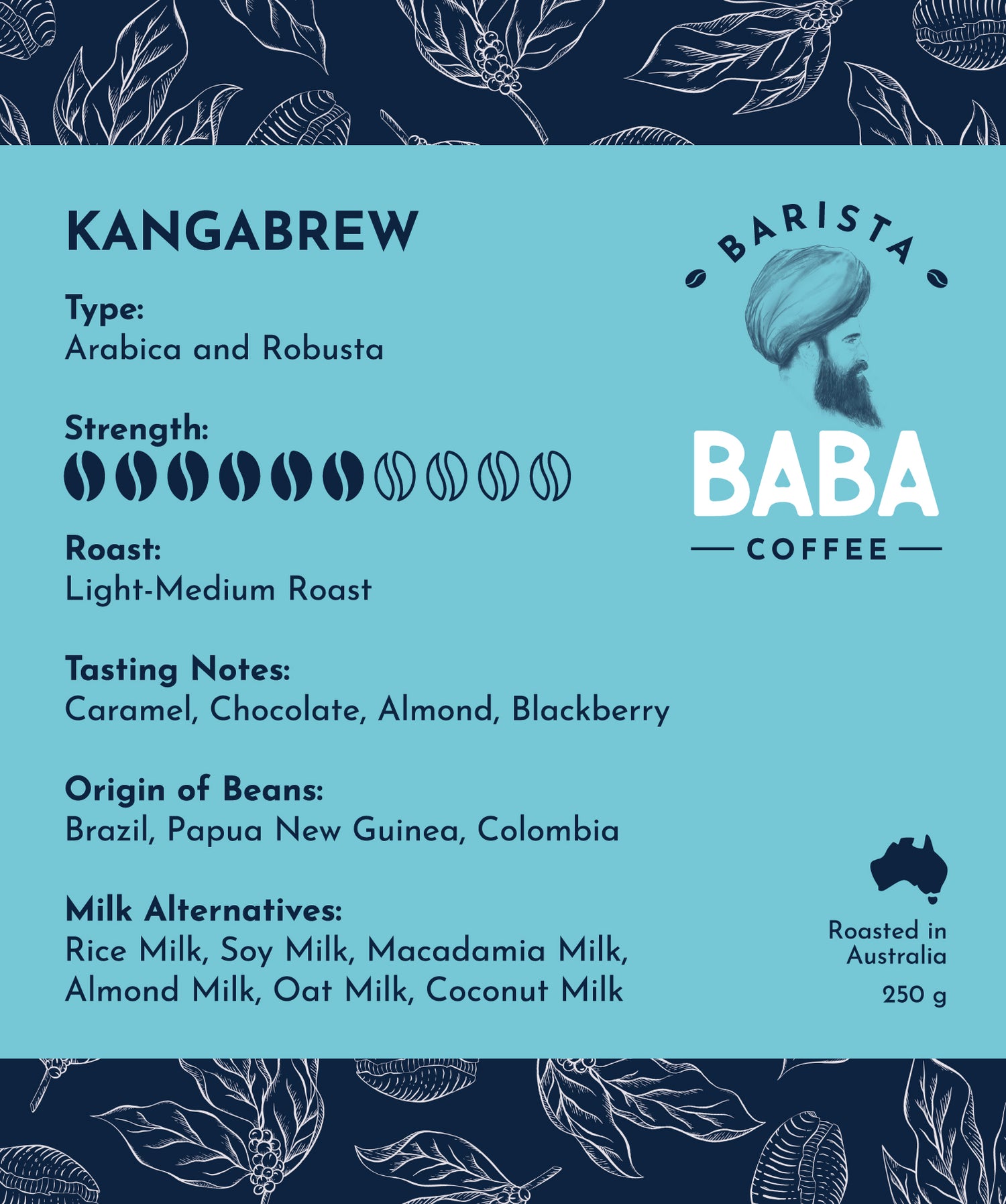Label of a 250g bag of Kangabrew coffee beans by Barista Baba Coffee