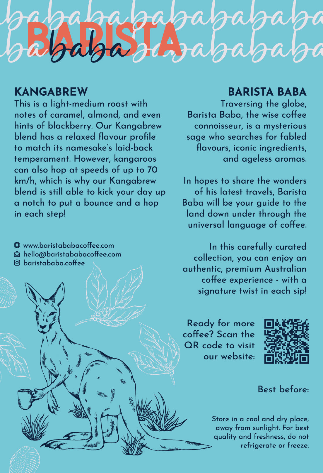 Back label of a bag of Kangabrew coffee beans by Barista Baba Coffee