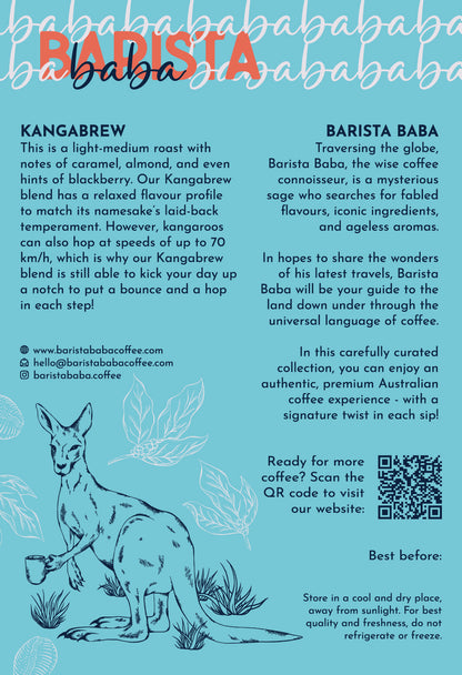 Back label of a bag of Kangabrew coffee beans by Barista Baba Coffee