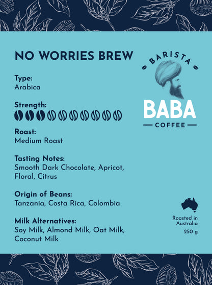 Label of a 250g bag of No Worries Brew coffee beans by Barista Baba Coffee