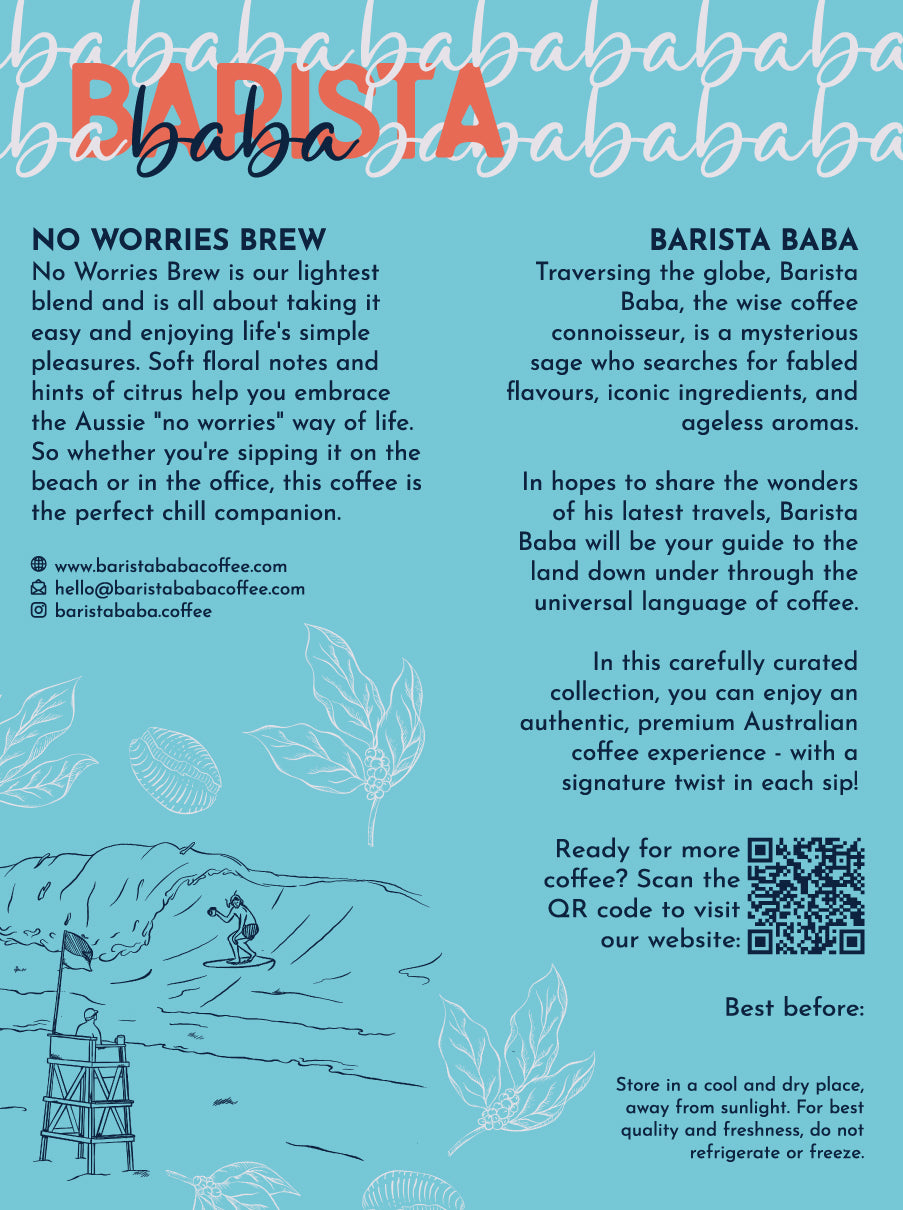 Back label of a bag of No Worries Brew coffee beans by Barista Baba Coffee