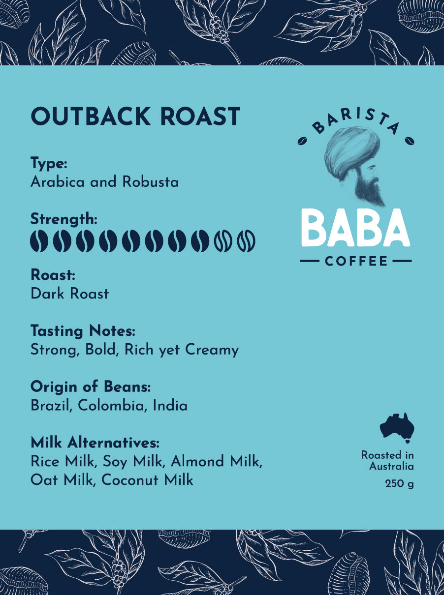 Label of a 250g bag of Outback Roast coffee beans by Barista Baba Coffee