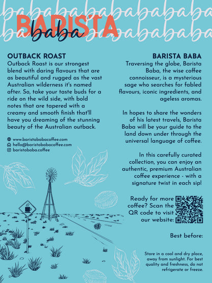 Back label of a bag of Outback Roast coffee beans by Barista Baba Coffee