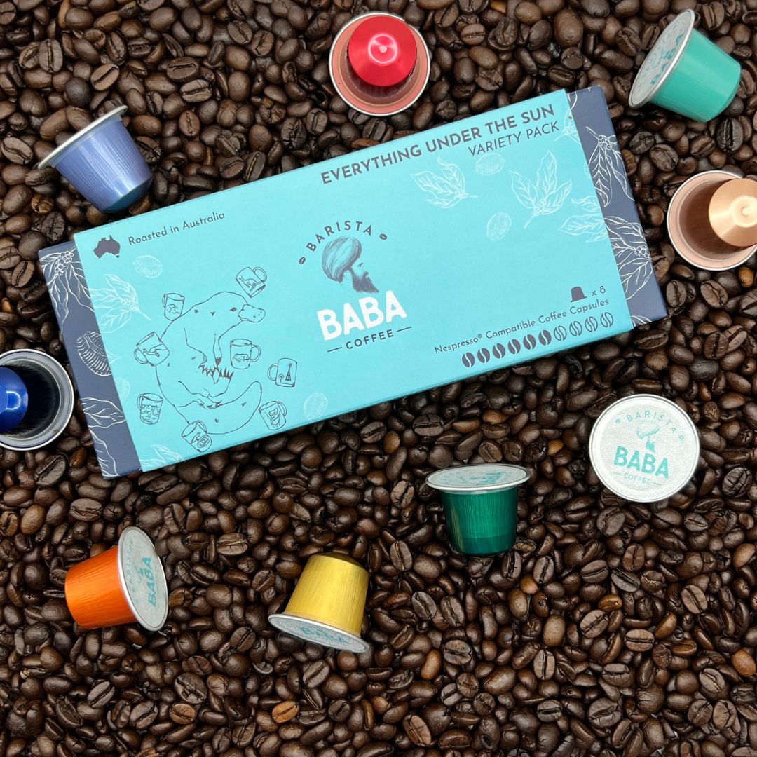 Packaging and capsules of the Variety Pack of Nespresso Compatible Coffee Capsules by Barista Baba Coffee