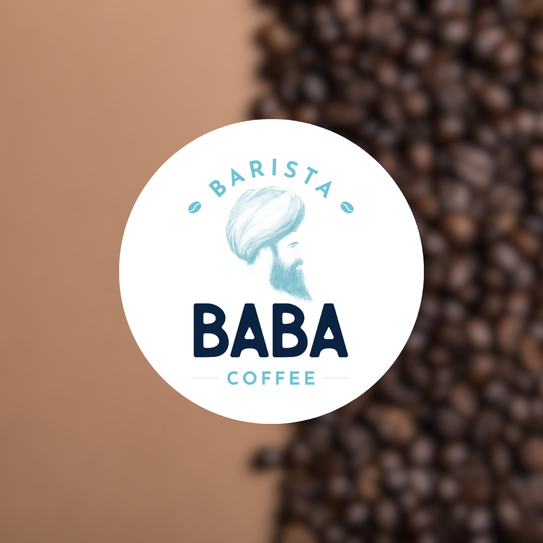 Barista Baba Coffee logo over some coffee beans
